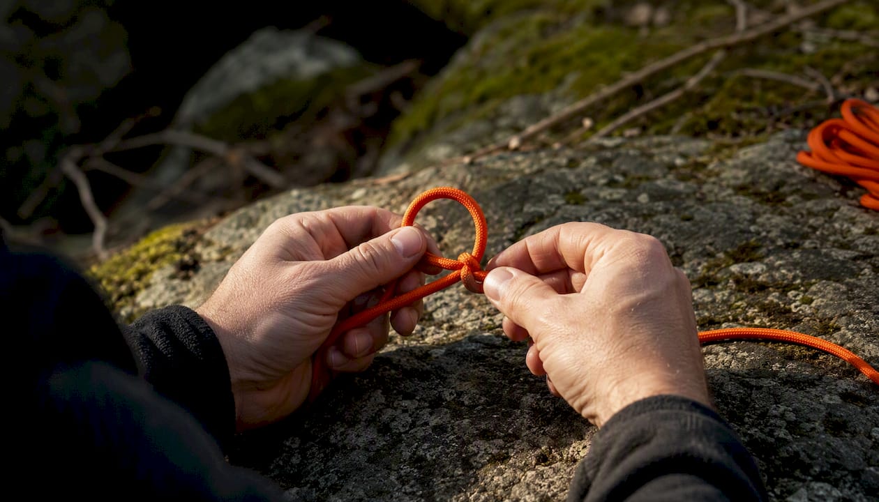 Hands practicing bowline knot with paracord