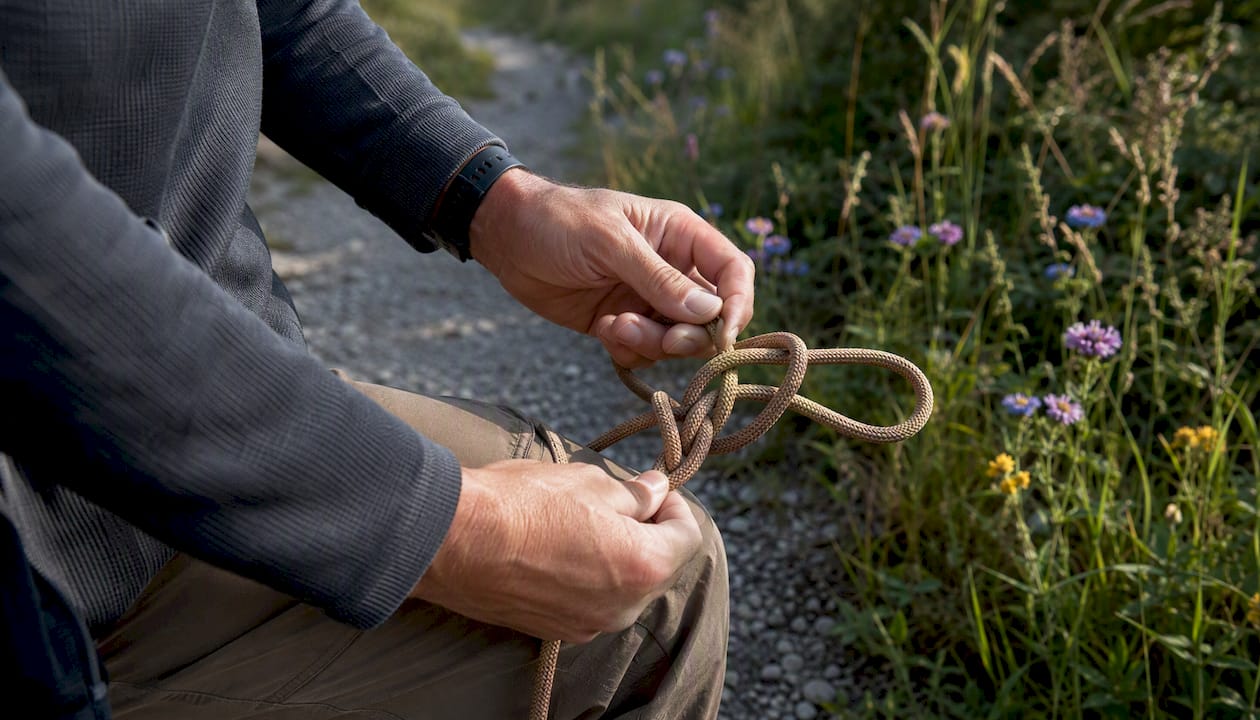 Hands tying one-handed bowline knot on thigh