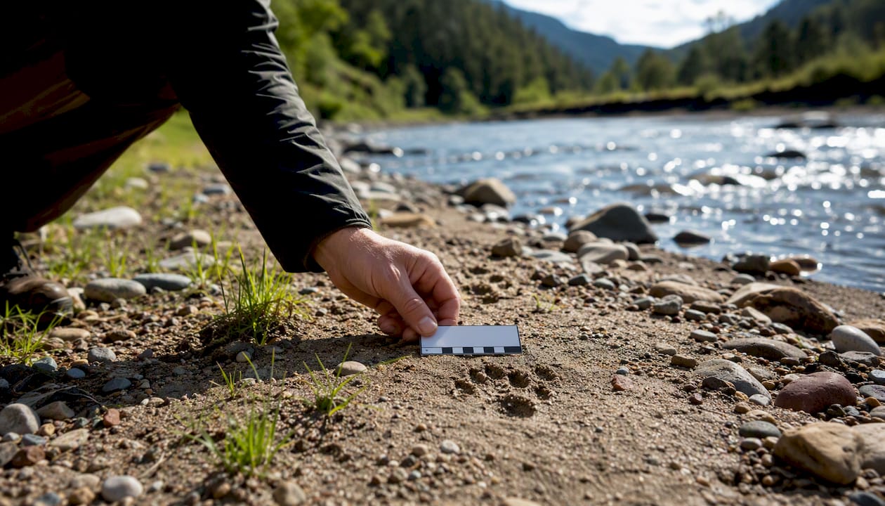 Hand placing scale card beside animal track