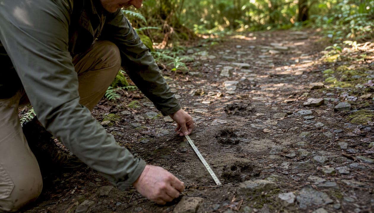 Hands measuring stride length on animal tracks