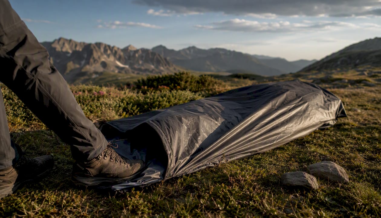 Outdoor bivy sack setup on alpine ground