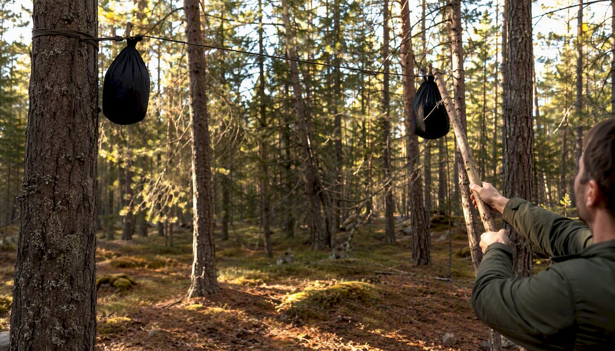 Two bear bags counterbalanced between trees using stick