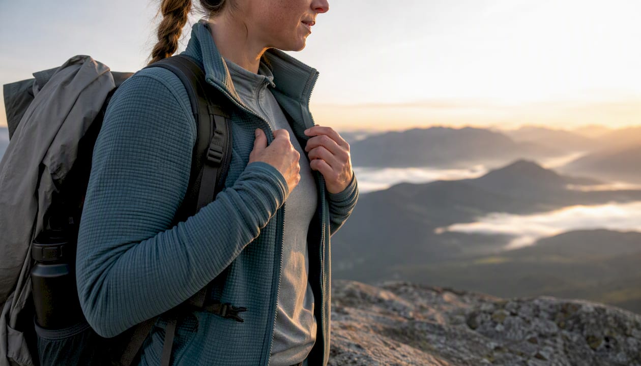 Hiker adjusting layered outdoor clothing