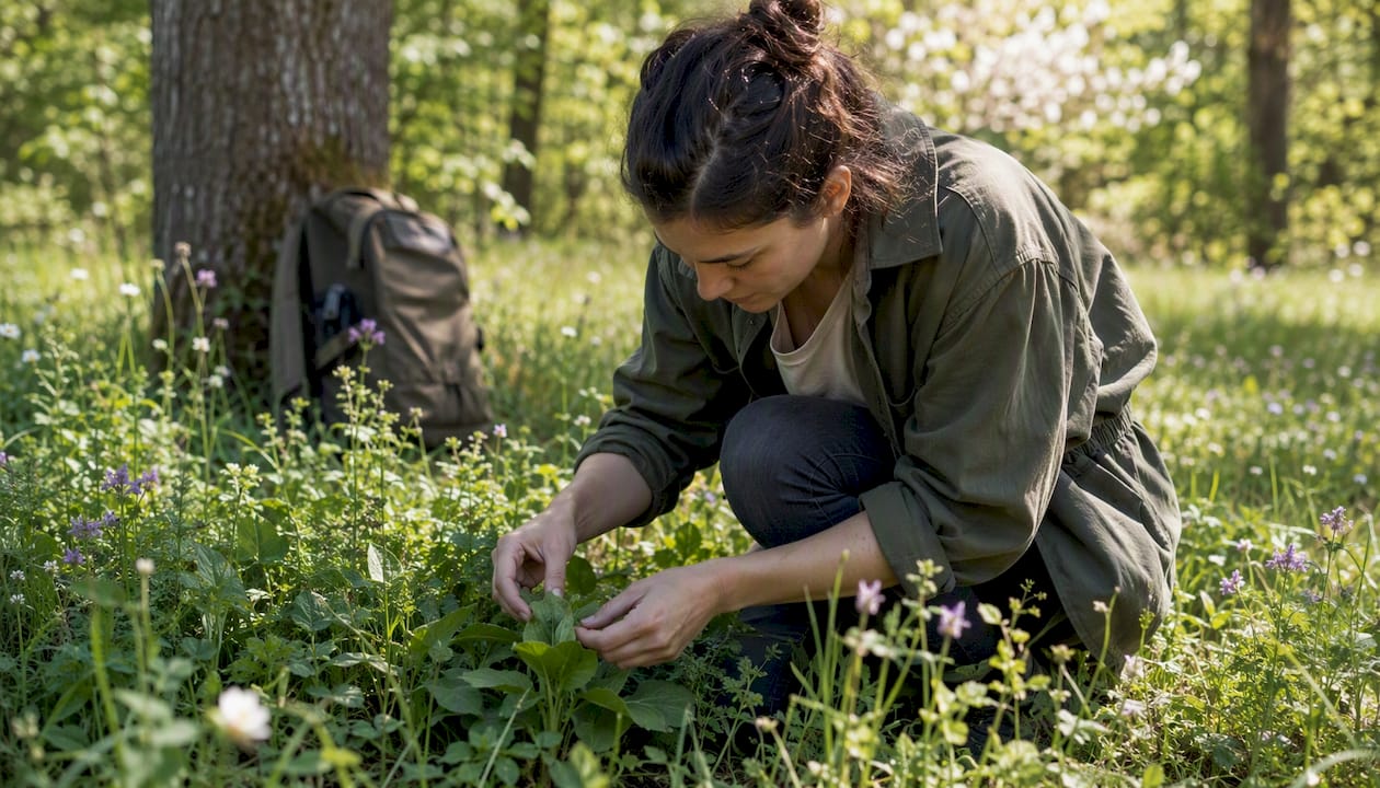 Forager examining wild edible plants in forest