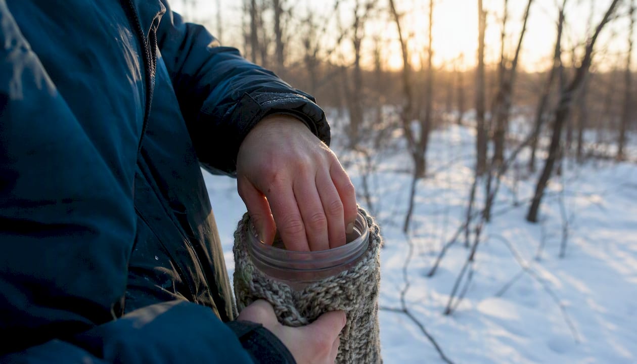 Hands warming frostbitten fingers in warm water outdoors