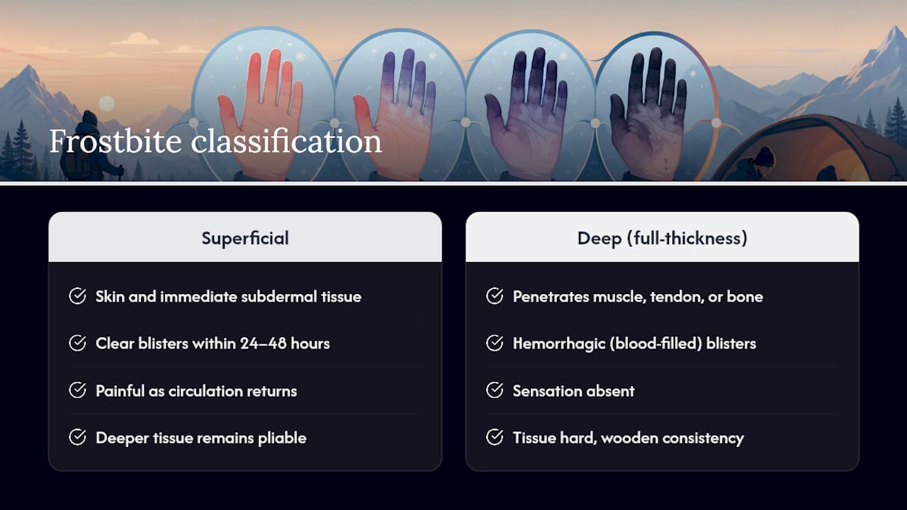 Diagram of frostbite superficial and deep stages