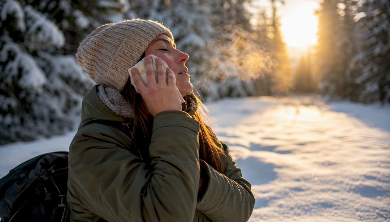 Applying warm compress and body heat to frostbitten face