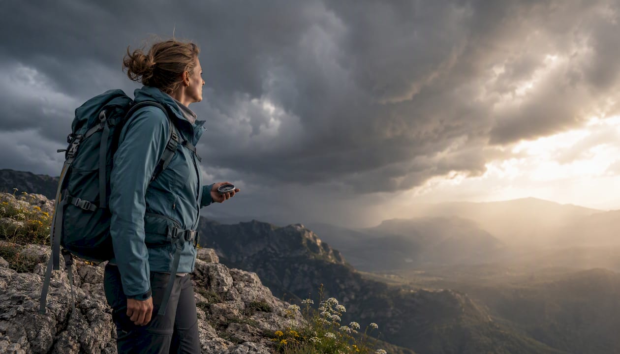 Hiker observing storm clouds on trail