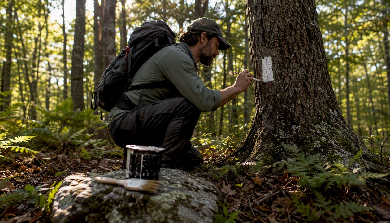 Hiker painting trail blaze on forest tree