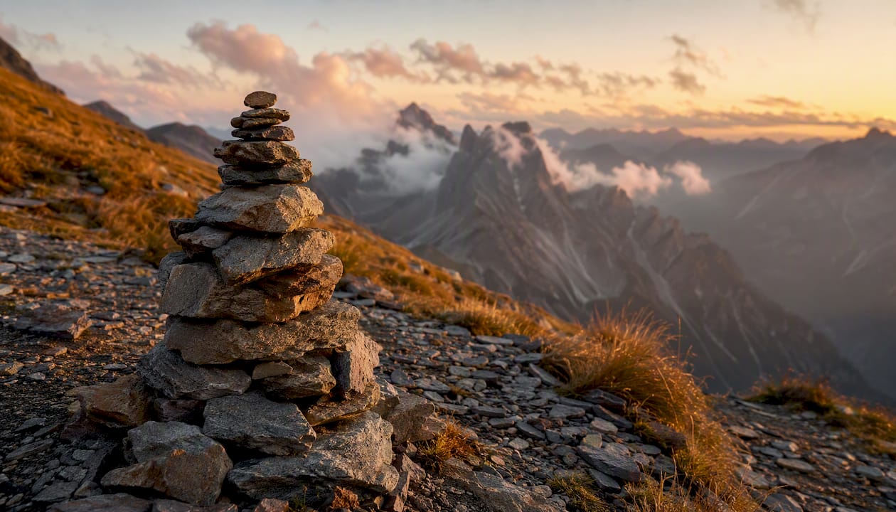 Rock cairn trail marker in alpine terrain