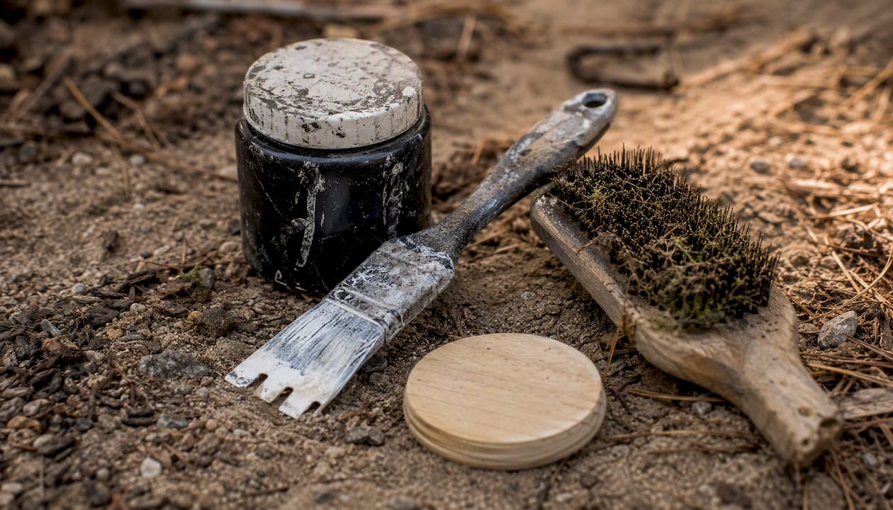 Trail marking tools close-up on forest floor