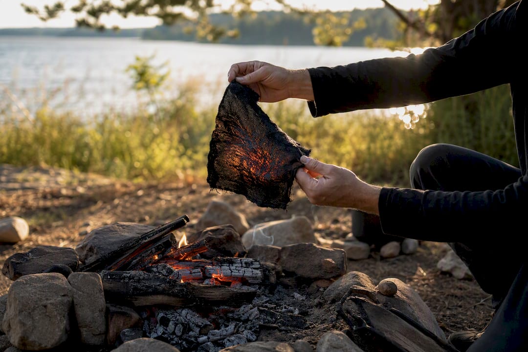 Hands holding glowing char cloth ember over campfire