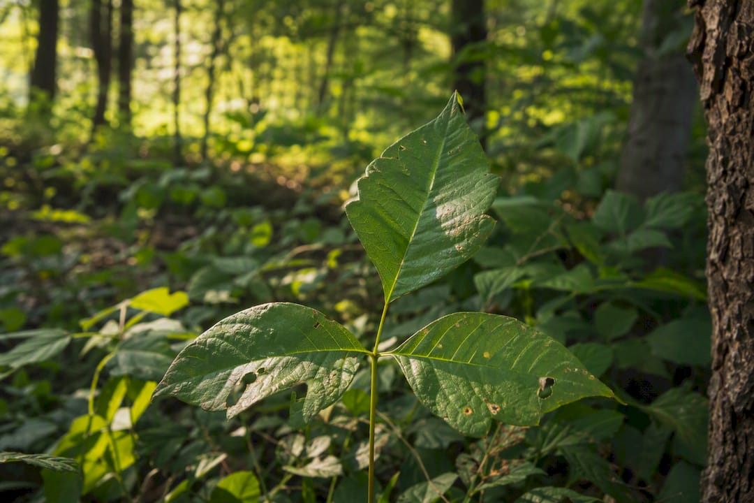 Close-up of poison ivy leaves and stem