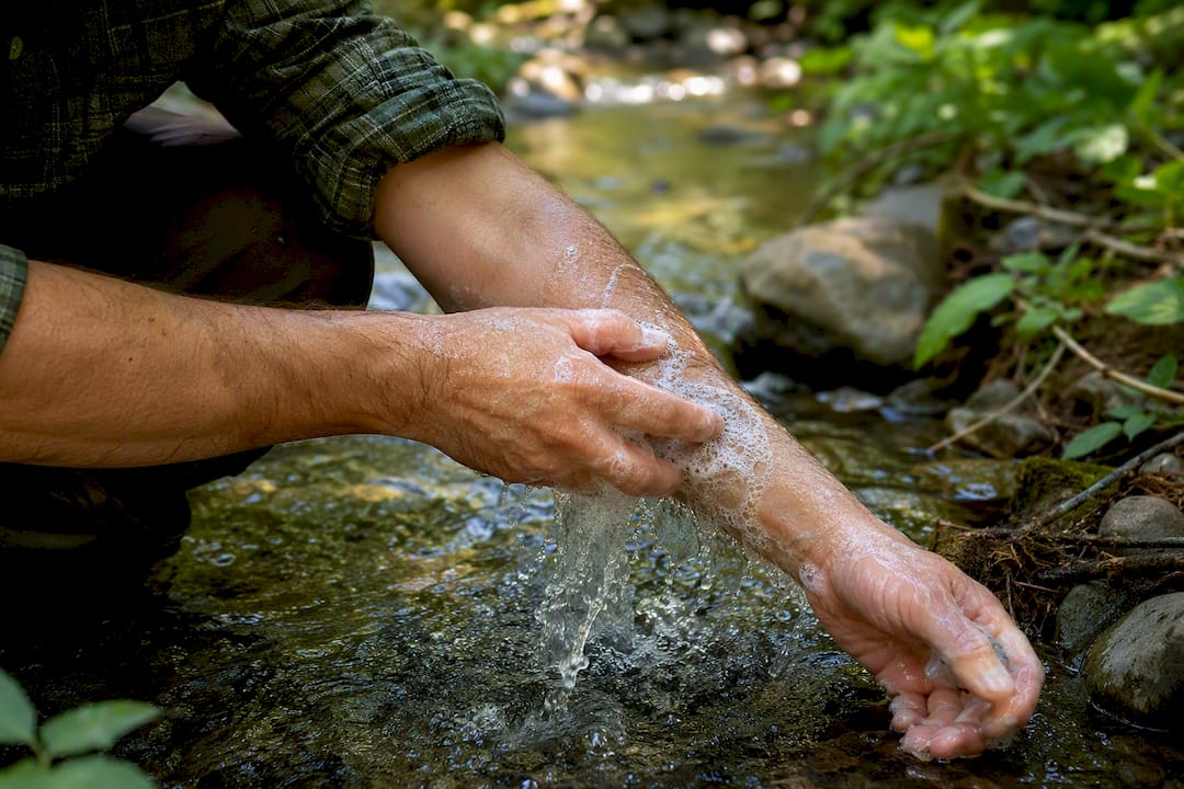 Outdoor hand washing to remove poison ivy oil