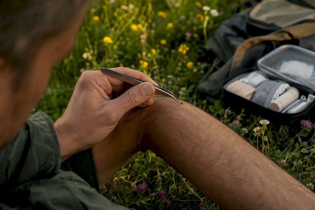 Close-up of tweezers removing tick from skin