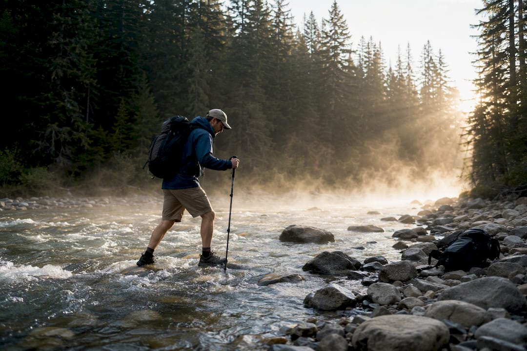 Hiker crossing mountain river using trekking pole