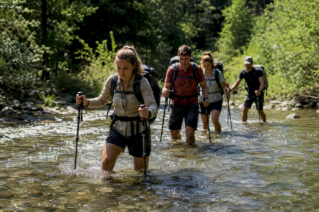 Group of hikers crossing river in safety formation