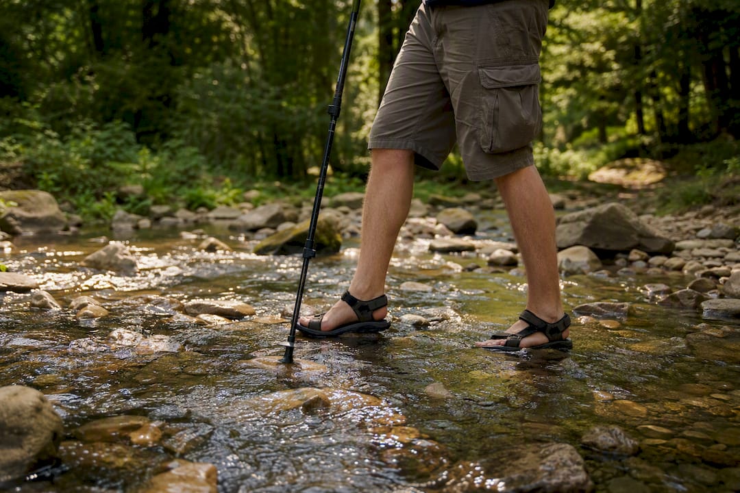 Hiker practicing shuffle step in shallow stream