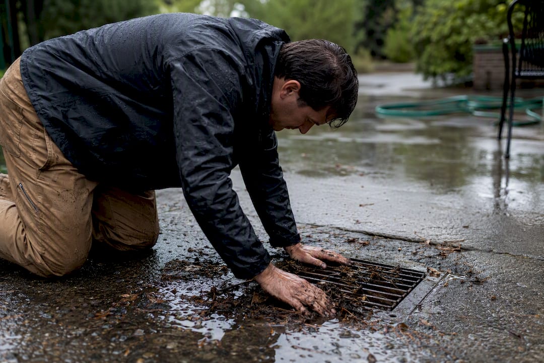 Hands clearing storm drain near secured outdoor furniture