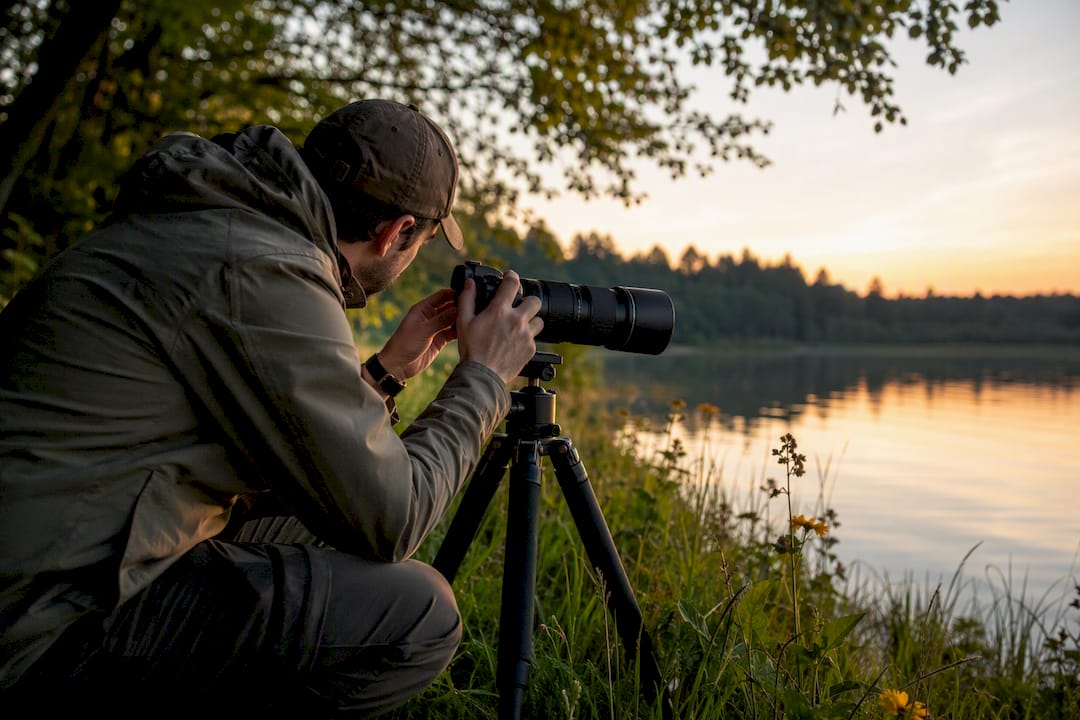 Wildlife photographer adjusting telephoto lens at forest edge