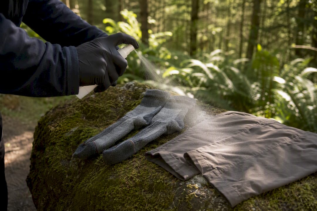 Hands spraying permethrin on hiking socks and pants