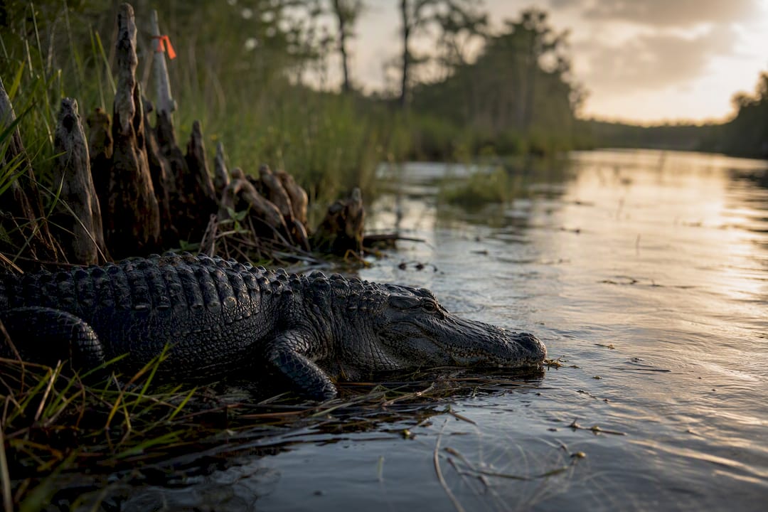 American alligator at a southeastern marsh shoreline