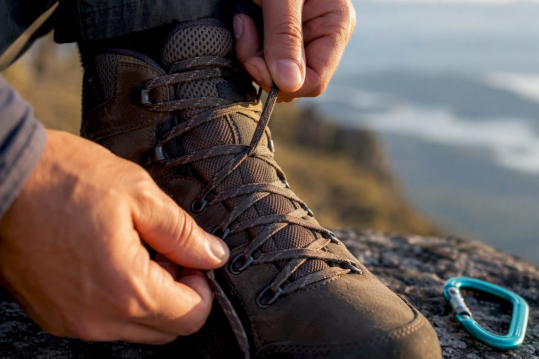 Hands adjusting hiking boot laces