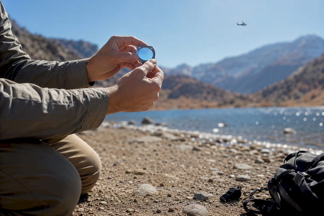 Hiker using a signal mirror outdoors