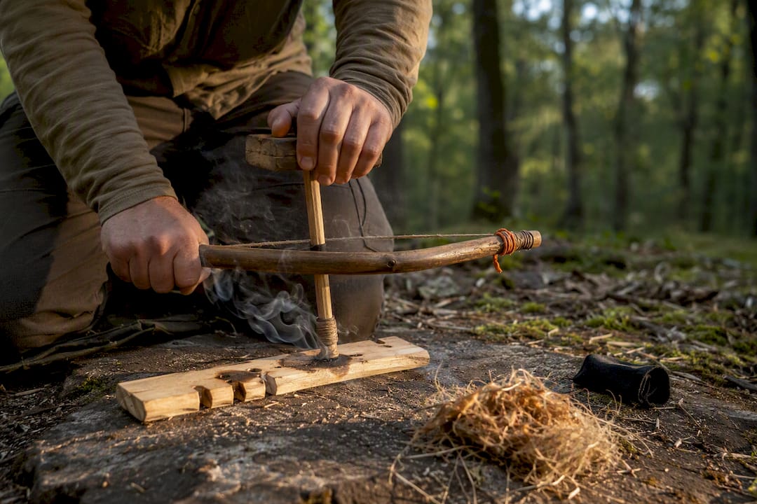 Beginner using bow drill to make fire