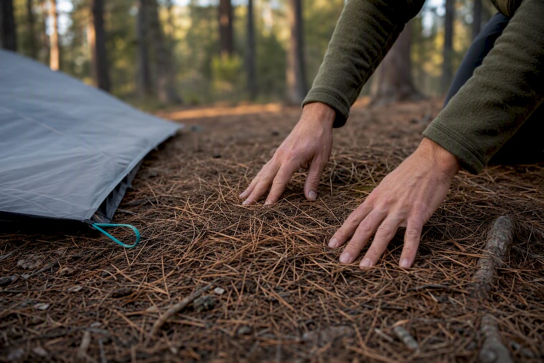 Dry pine needles beneath tent footprint