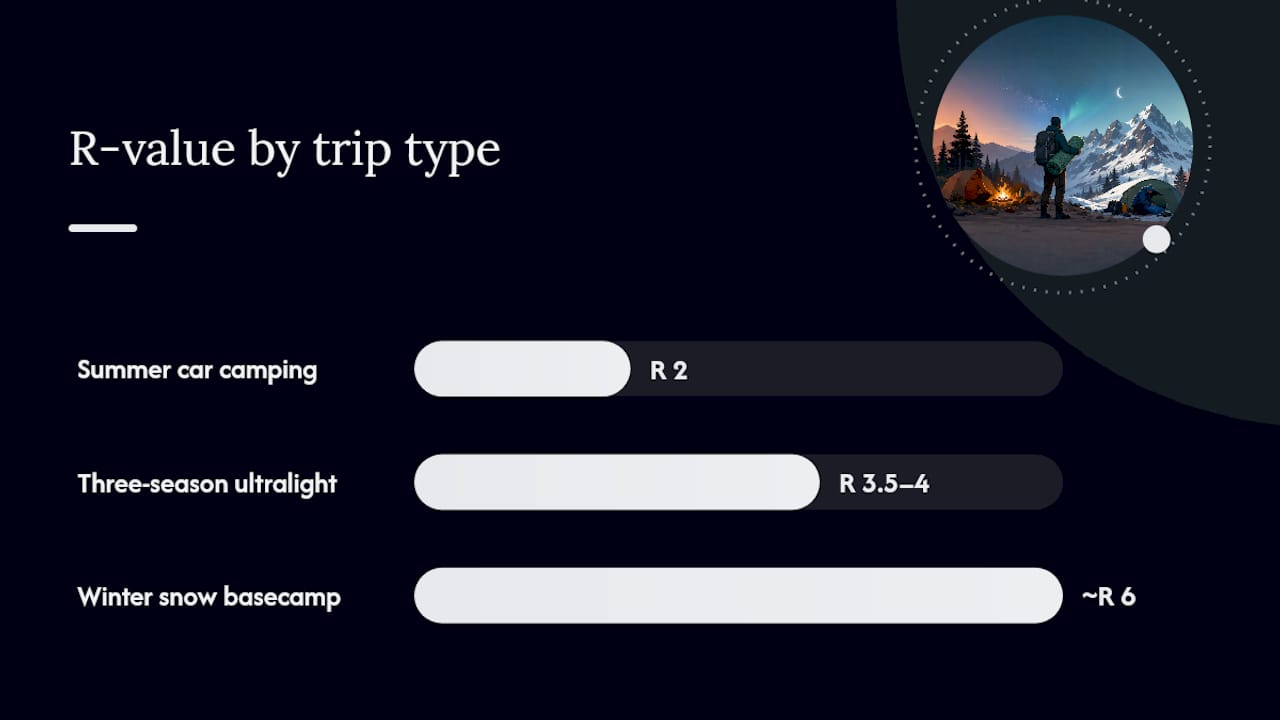 R-value choices across three camping trips