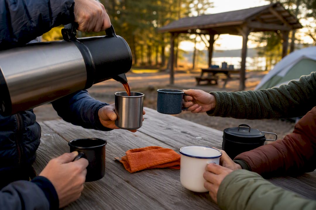 Serving coffee to a camping group