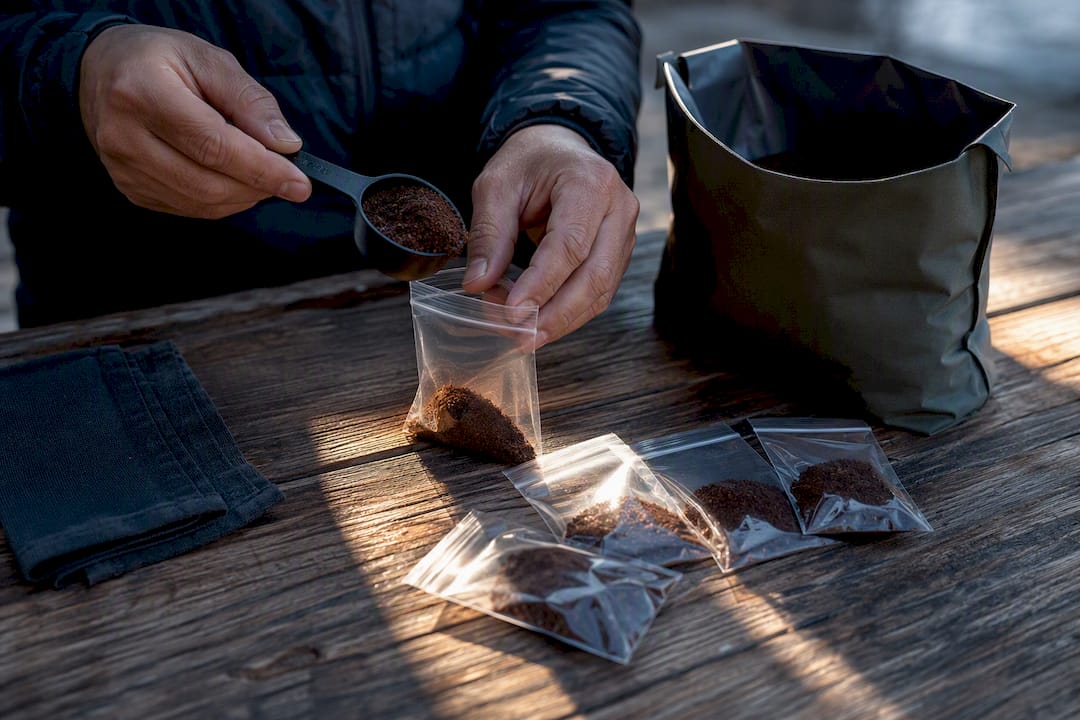 Portioning coffee grounds for a camping trip