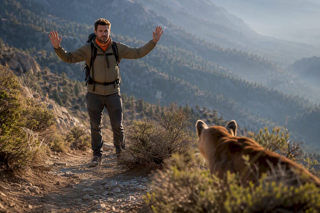Hiker standing tall before mountain lion