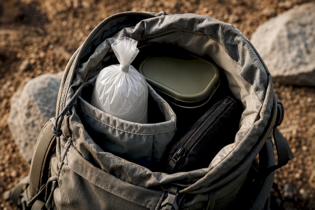 Sealed waste bag stored inside hiking pack