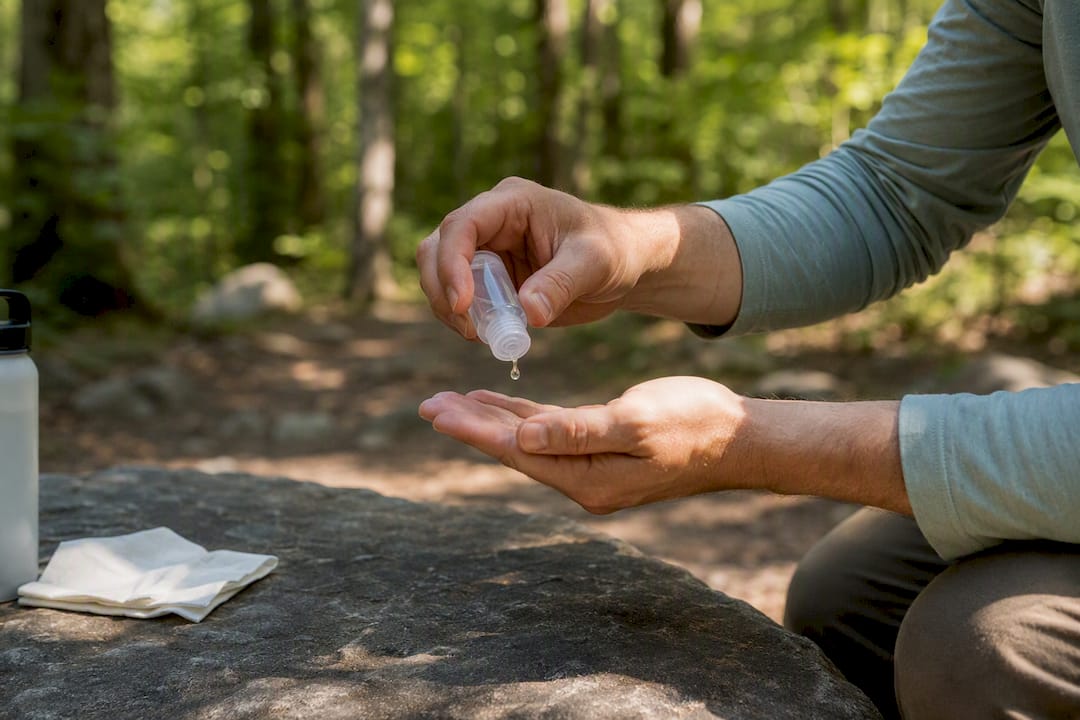 Hands applying sanitizer after trail cleanup