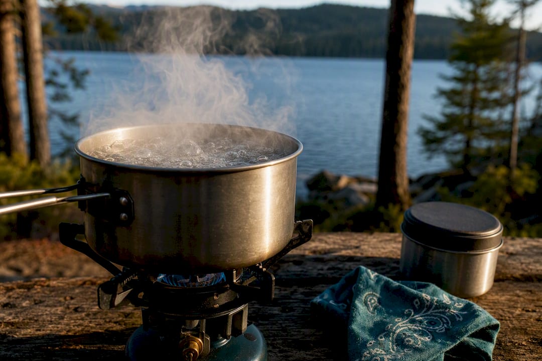 Pot of wilderness water reaching a boil