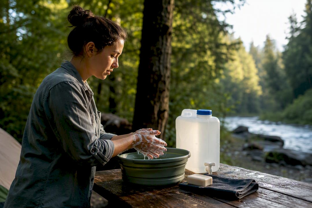 Camper washing hands with soap outdoors