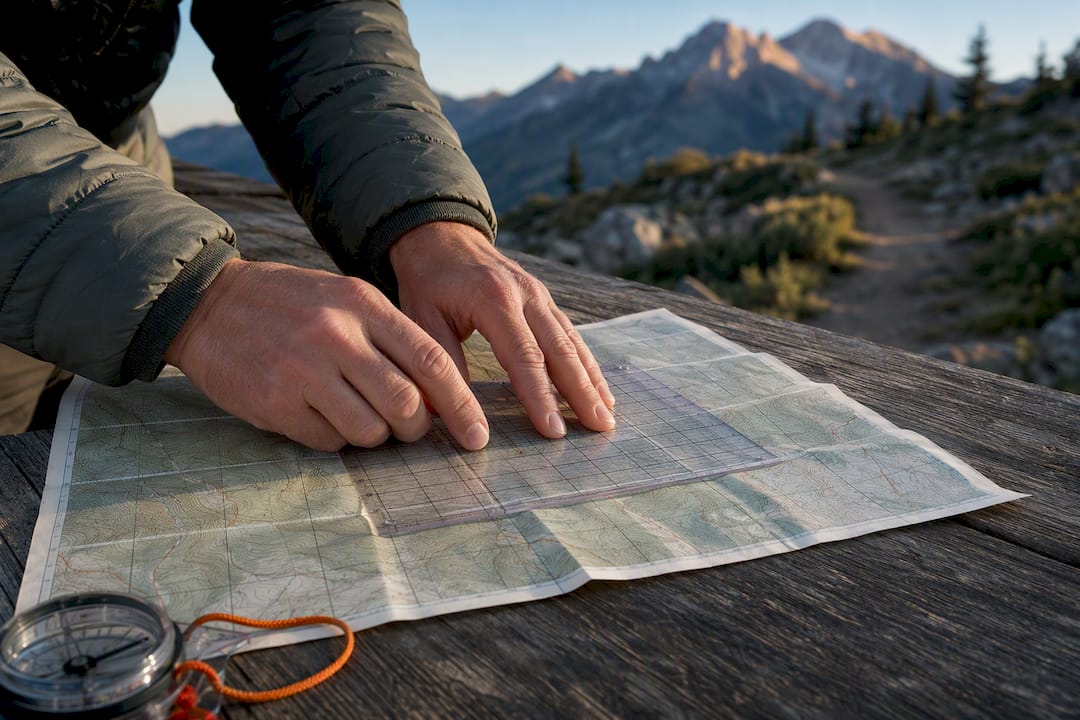 Hiker aligning romer on topographic map