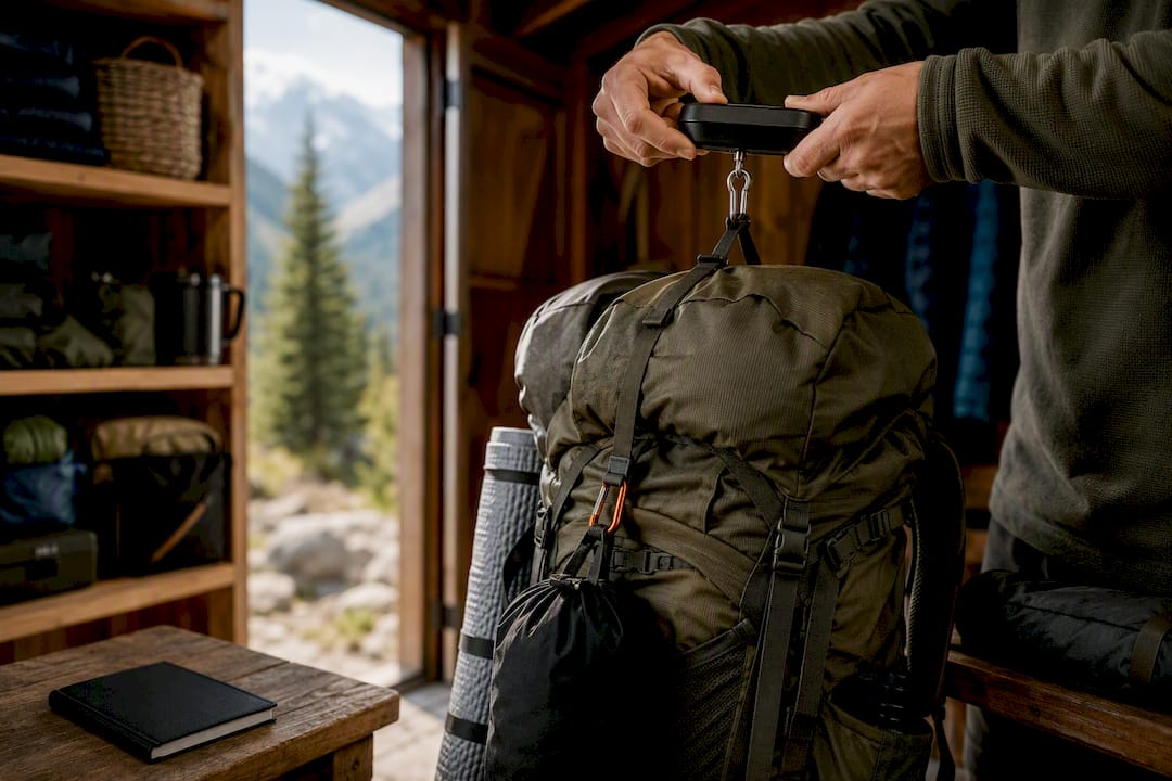 Hiker weighing a loaded backpack