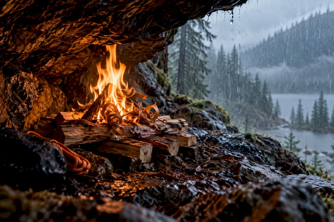 Campfire burning beneath rock overhang in rain