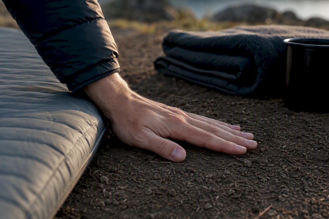 Camper checking cold ground beneath sleeping pad