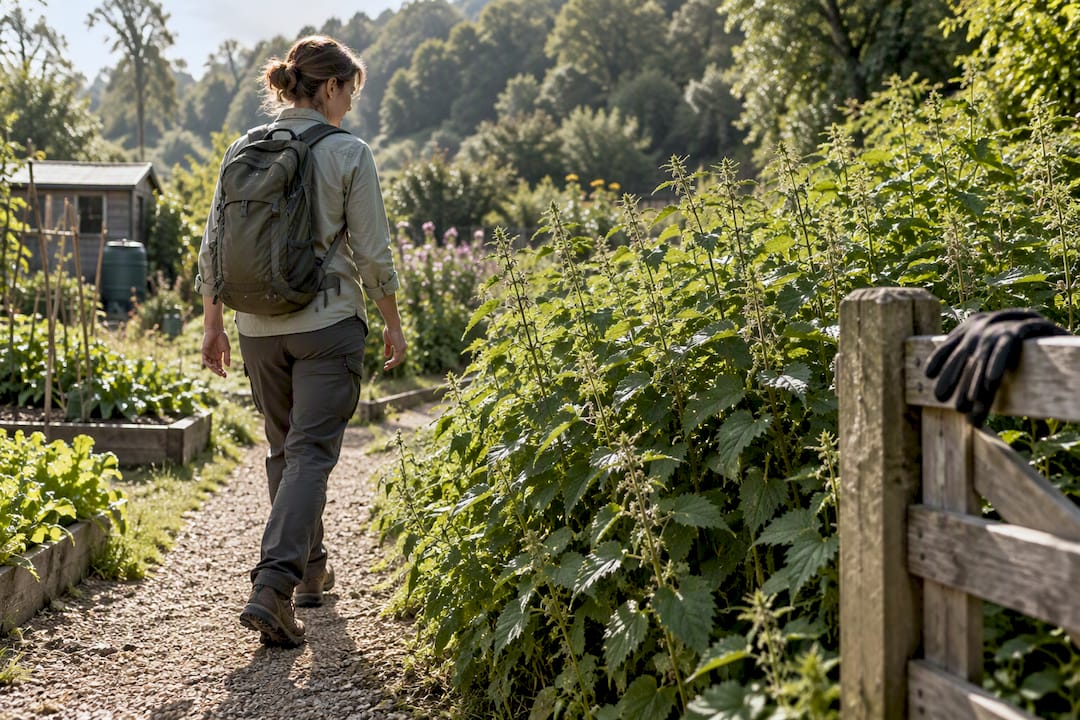 Hiker avoiding nettles in protective clothing