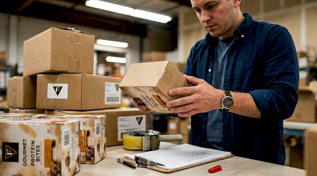 Worker checking consumer product package labeling