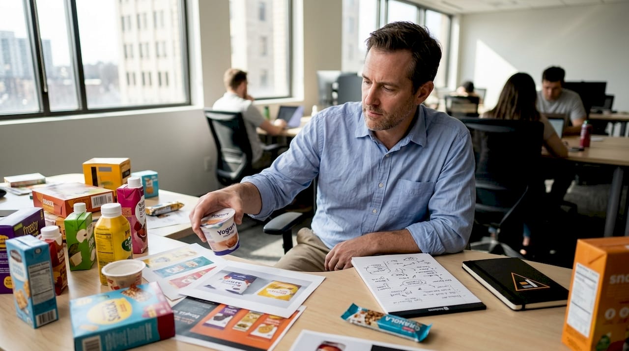 Brand manager examines multiple packaging mockups