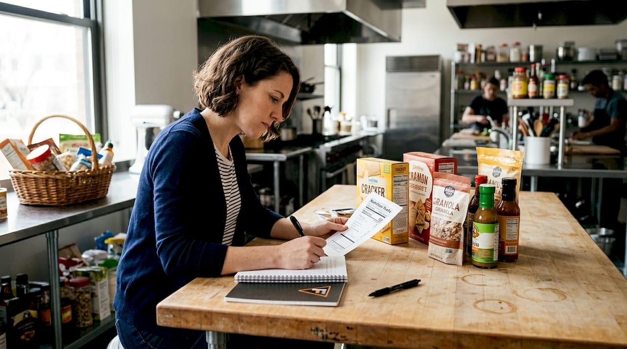 Specialist reviewing food product labels for compliance