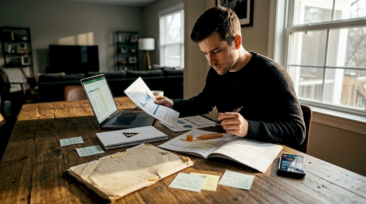 Worker assembling compliance proof documents at home table