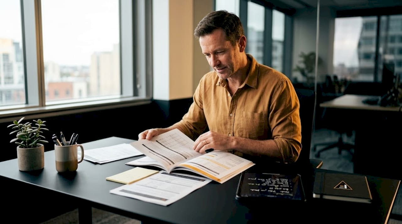 Manager studies industry benchmarking report at desk