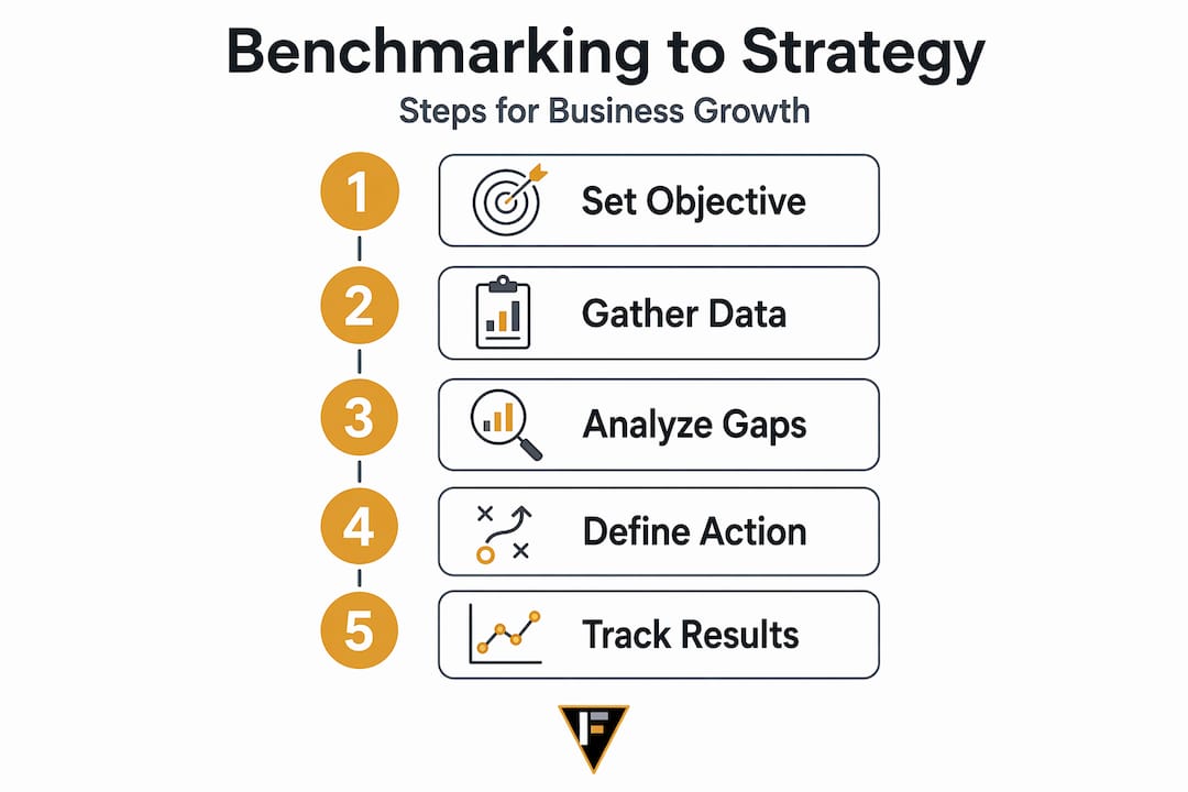 Five-step infographic linking benchmarking to strategy