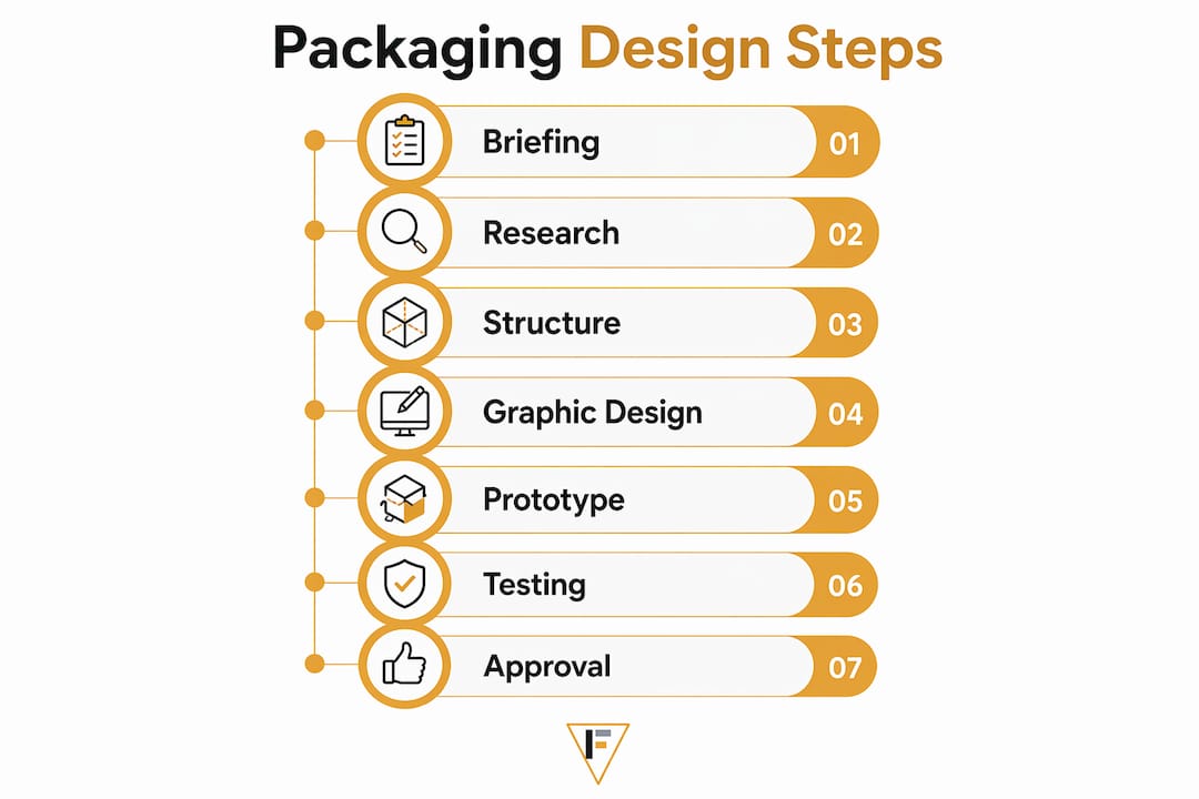 Vertical flow infographic illustrating packaging design stages